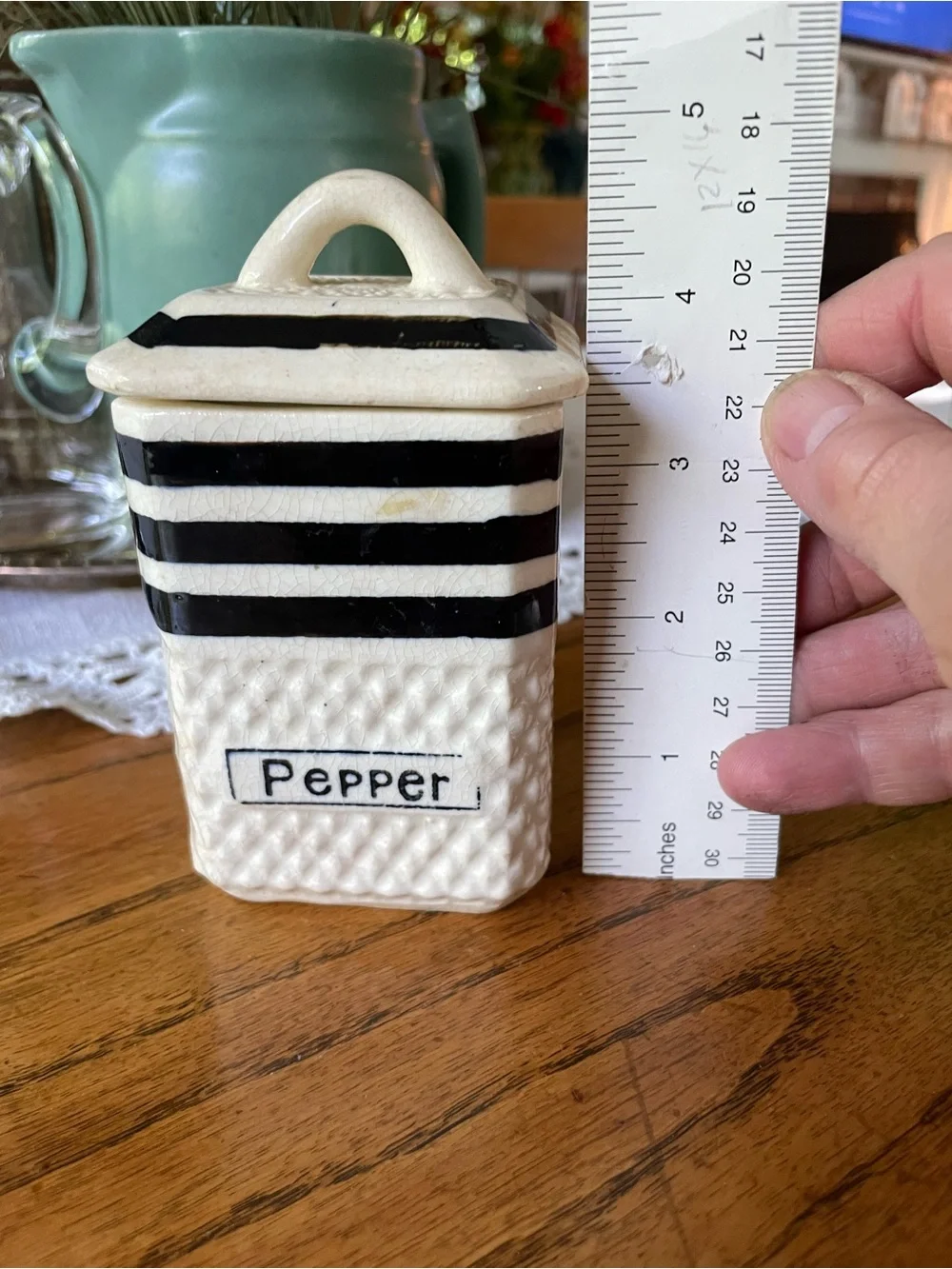 Vintage Hand Painted Japan Striped Ceramic Pepper Canister - Black and Cream